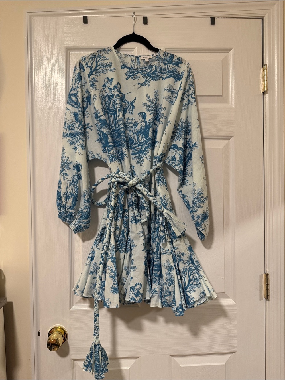 Rhode Ella Blue Toile Belted Mini Dress - Size S